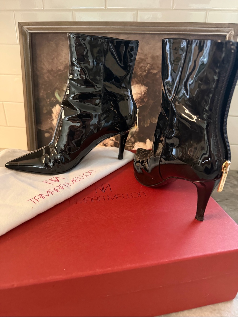 Tamara Mellon Black Patent Leather Pointed-Toe Ankle Boots